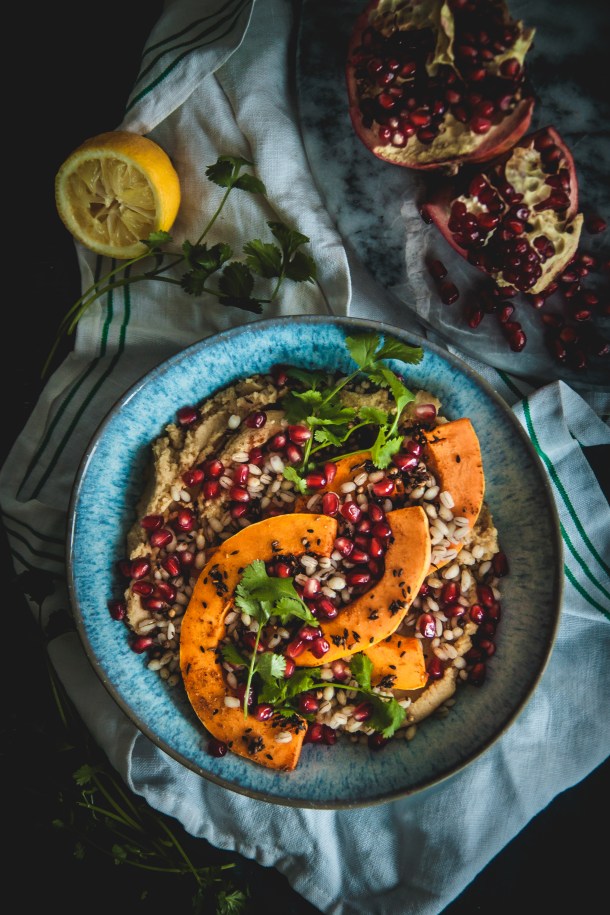 Hummus aand pearly barley bowls with butternut squash, pomegranate and spices 1