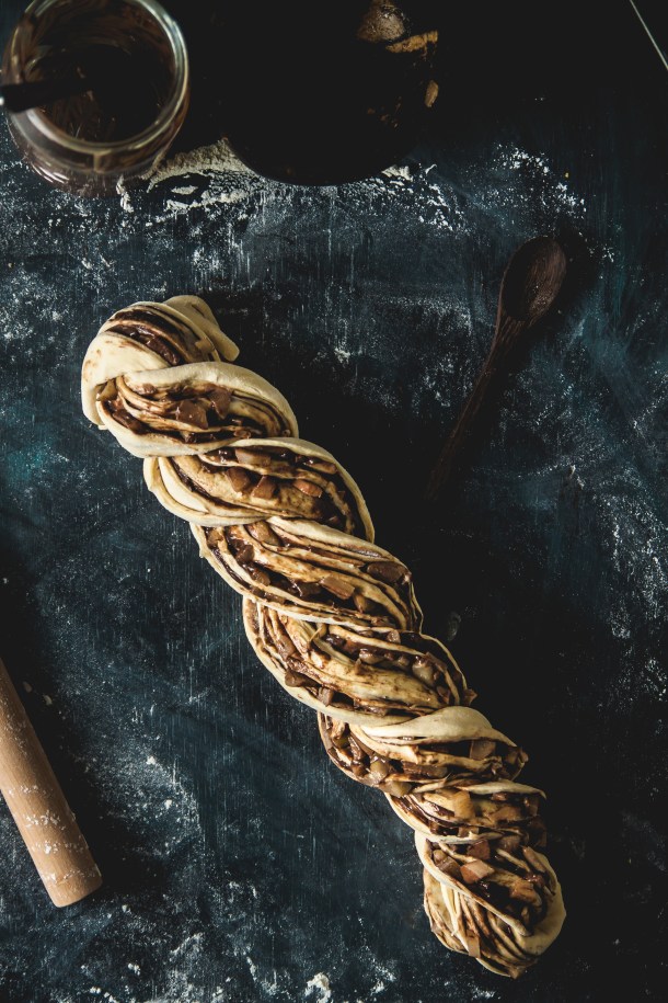 Vegan chocolate babka with pears