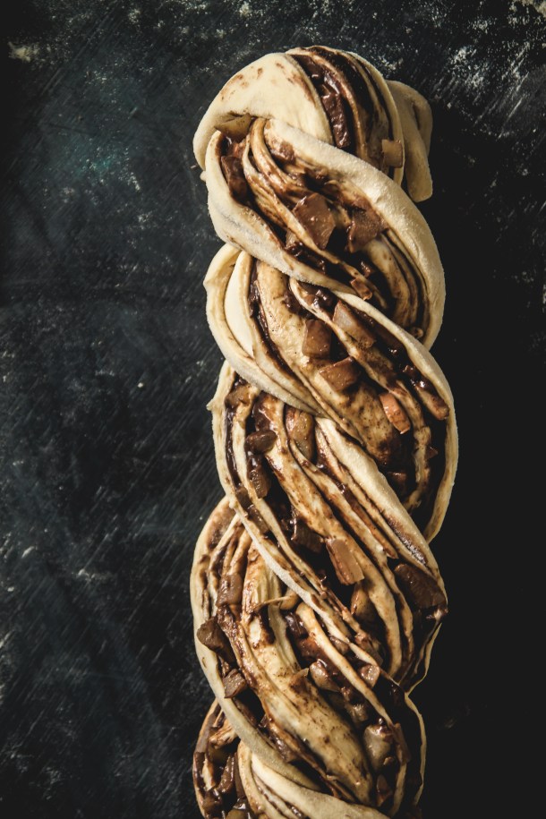 Vegan chocolate babka with pears