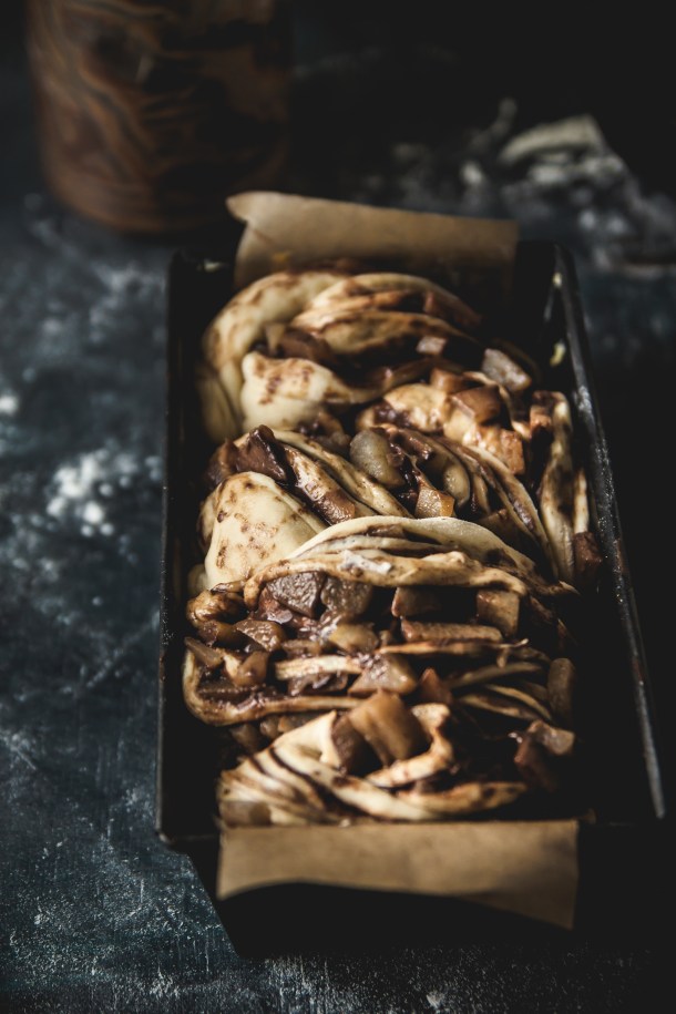 Vegan chocolate babka with pears