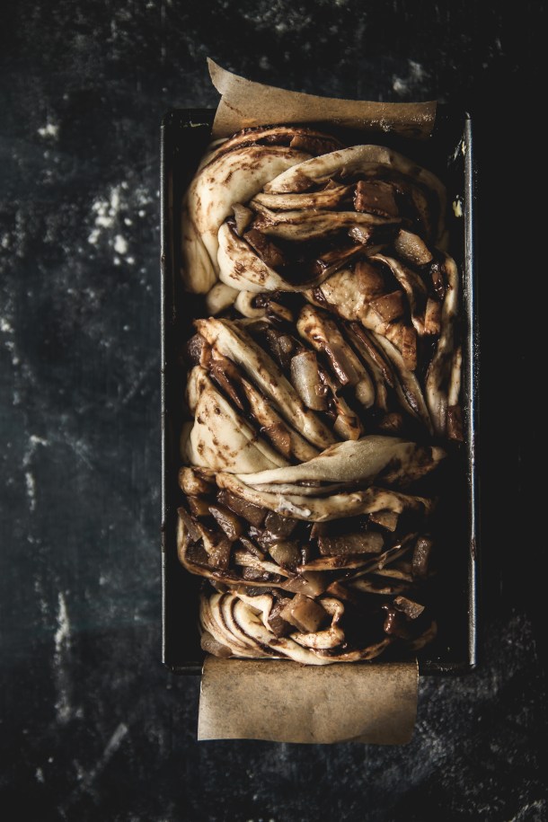 Vegan chocolate babka with pears