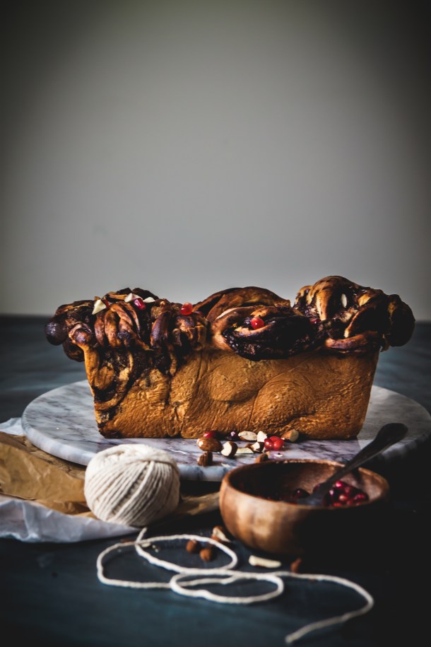 Vegan chocolate babka with pears