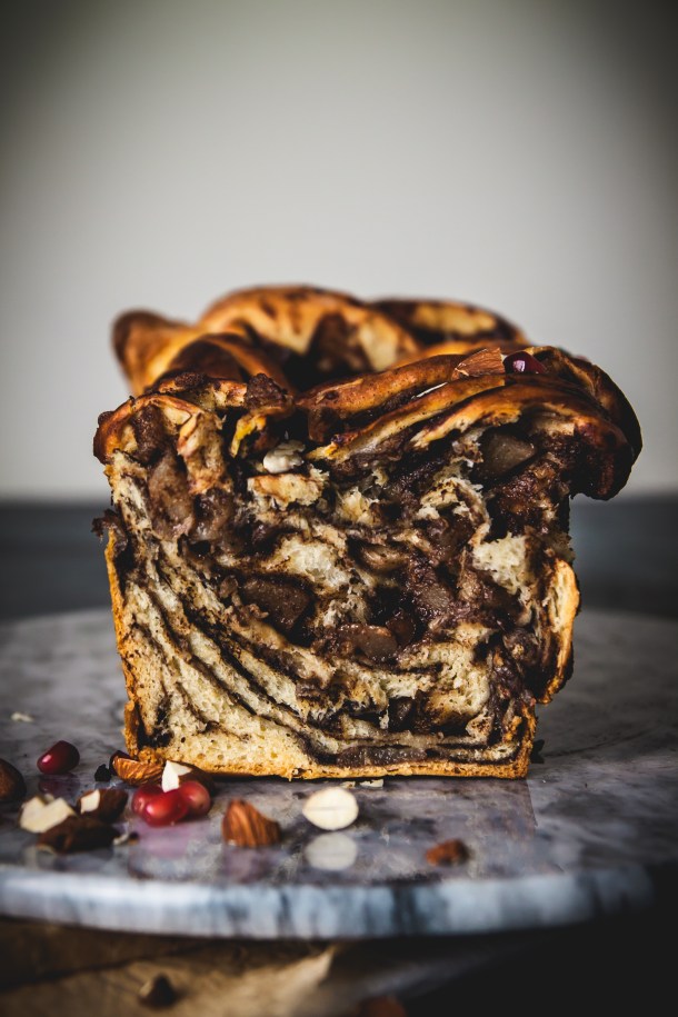 Vegan chocolate babka with pears